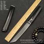 免運@-黑檀木大馬士革鋼戶外小直刀野外露營求生鋒利高硬度多功能水果刀