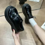 協貿國際日用品生活館 鬆糕鞋春款復古系帶英倫小皮鞋女軟皮厚底增高單鞋圓頭大頭鞋