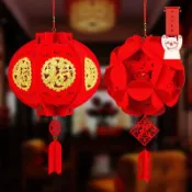 新年燈籠 燈籠 吊燈籠 大門燈籠 走馬燈 陽臺燈 元旦新年裝飾品小燈籠無紡布方形紅宮燈過年掛件繡球春節年貨1107