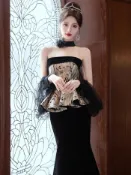 抹胸晚禮服輕奢小眾收腰修身氣質優雅高級感黑色魚尾裙宴會主持人