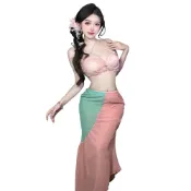 (店+)美人魚角色扮演服 亮絲薄紗貝殼比基尼粉綠拼接魚尾裙三件組