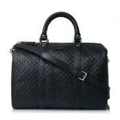 【GUCCI 古馳】449646 經典Guccissima系列小LOGO牛皮手提/斜背兩用波士頓包(黑色)