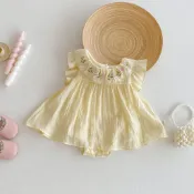 嬰兒繡花包屁衣 夏季女寶寶韓版飛袖包屁裙 新生兒純色衣服 收涎服 抓周 寶寶夏裝 嬰兒衣服