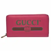 GUCCI 古馳 復古風格的圖案小牛皮綠紅綠織帶標誌拉鍊長夾(桃紅色)