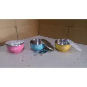 【三光牌】台灣製造三光牌304不鏽鋼雙層隔熱碗/兒童碗(附塑膠蓋+湯匙)1入 粉色/藍色/黃色 幼兒園 兒童餐具 隔熱碗