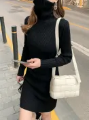 全球選品1館 生活百貨 高領毛衣女秋冬緊身收腰包臀加厚針織內搭連身裙配大衣顯瘦毛衣裙