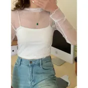 (店+)R&A CLOTHES 波點網紗內搭🤍現貨🤍超薄透膚上衣 木耳邊內搭 波點網紗打底上衣 可愛感內搭長袖