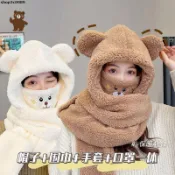 【保暖三件套】小熊口罩 連帽圍巾圍脖一體手套 保暖帽 冬天冬季 帽子女 可愛保暖 秋冬 月子帽子 連帽子 毛帽 防寒配件
