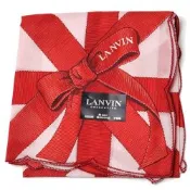 LANVIN 粉紅底大紅緞帶結字母LOGO圖騰帕領巾(50CM)