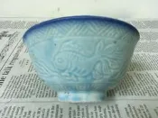 WH27543【四十八號老倉庫】全新 早期 台灣 藍釉 扇竹鳥金魚紋 古早碗 飯碗 碗粿碗 小瑕 12cm 1碗價