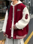 全球選品1館 生活百貨 酒紅色美式hiphop棒球服男春秋季roora情侶裝外套拼色飛行員夾克