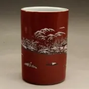 滿300出貨 居仁堂款紅釉粉彩雪景筆筒古董老陶瓷舊貨仿古瓷器擺件送禮收藏
