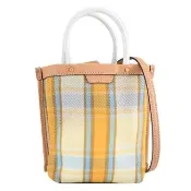 【TORY BURCH】經典LOGO撞色格紋紙袋造型迷你手提包兩用包(淺棕)