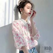 初色 復古風碎花印花五分泡泡袖長袖娃娃領襯衫上衣女上衣-粉色-10934(M-2XL可選)