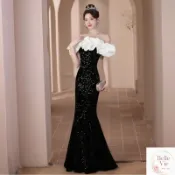🌟新品免運🍀洋裝 晚禮服 一字肩亮片長款 顯瘦優雅剪裁 法式輕奢氣質宴會敬酒服 魚尾裙擺派對穿搭 質感 2026新款