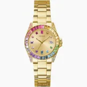 【康是美官方網購】GUESS手錶，編號GC00005，34mm金色圓形精鋼錶殼，金色中三針顯示， 彩虹鋼琴鑽圈錶面，金色精鋼錶帶款_廠商直送