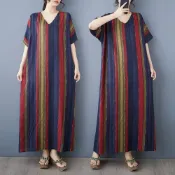米蘭精品 【巴黎精品】現貨+預購 女棉麻寬鬆連身裙子長裙長洋裝A字裙大尺碼休閒大碼女裝-短袖簡約渡假a1jp32