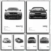 流行黑白日本汽車豪華超級跑車海報美學 R34 Gtr 240sx 帆布印刷牆壁藝術車庫房間裝飾