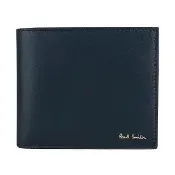 【Paul Smith】Paul Smith 金字燙印LOGO全皮8卡對折短夾(深藍x經典條紋)