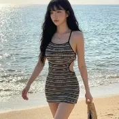 【SeasonsBikini 】削肩美背裙式針織連身顯瘦泳衣-397