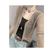 (店+)kknsy夏天新款鏤空微透罩衫短款針織開衫女寬鬆空調衫疊穿防曬長袖上衣