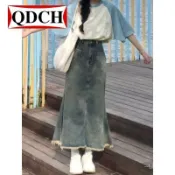 LUMI熱銷類目榜首💰 美式復古牛仔半身裙女春季新款ins設計感毛邊魚尾裙高腰顯瘦a字裙韓係半身裙 A字裙 半身裙 