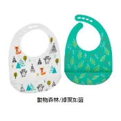 瘋狂寶寶***Nuby 矽膠圍兜二入組(動物森林/綠葉如菌)(紫蘋果花/杜鵑花園)(童趣恐龍/三角幾何)
