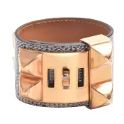 【Hermes 愛馬仕】collier de chien金屬鉚釘蜥蜴寬版手環(玫瑰金)