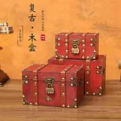 復古收納盒老式仿古儲物箱帶鎖密碼百寶箱道具箱木頭盒子