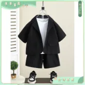 🌈台灣出貨 男童短袖西裝韓版夏裝套裝兒童裝西服禮服三件套寶寶兒童西裝英倫花童禮服週嵗生日西裝 禮服