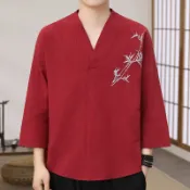 男士棉麻短袖T恤民族風富貴竹刺繡百搭中式亞麻七分袖袖t恤國潮大尺碼日系復古透氣排汗唐裝漢服茶服禪服居士服太極服男上衣