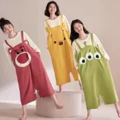 台灣現貨棉質 女生 居家服 睡衣 睡裙 連身衣 防走光 連身睡衣 秋天 長袖睡衣裙女 可愛卡通 三眼怪 史迪奇  露天市