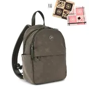 【CLATHAS】山茶花LOGO印花雙拉鍊尼龍小款後背包(灰棕色)