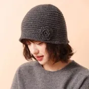 【AnnaSofia】針織帽純羊毛毛帽-立體茶花美織100%WOOL 現貨(深炭灰系)