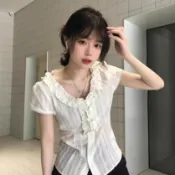 法式復古荷葉邊甜妹襯衫女夏季蕾絲收腰修身顯瘦短袖襯衫白色上衣#Hi, 貼心優衣家居#