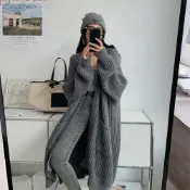 (店+)【D.studio】韓版慵懶風寬鬆長版針織外套大衣 風衣 上衣 女裝 衣服 外套 長袖上衣 長版外套 毛衣 J291
