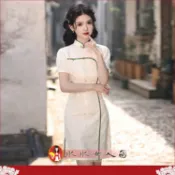 複合蕾絲短款旗袍春夏新款少女中式國風三分袖立領氣質女連衣裙洋裝-暄妍(米白色)-水水女人國