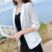 (店+)夏季薄款防晒修身亞麻西服外套(大尺碼西裝外套女 七分袖西裝外套)