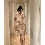【桃喜Rich女裝】新款碎花裙 性感一字肩洋裝 抹胸氣質魚尾裙 修身連衣裙 法式宴客洋裝 高階感女神長洋 露肩顯瘦洋裝