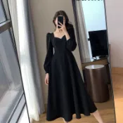 佰分佰/75kg內可穿/赫本風洋裝/黑色長裙/復古v領長款過膝洋裝/黑色氣質連身裙/長裙/中大尺碼