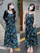 【大尺碼洋裝】女夏季碎花吊帶長裙 海邊沙灘裙 胖MM遮肚顯瘦 度假穿搭 大碼女裝 遮肉長洋裝 海島渡假風