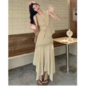清新西裝馬甲套裝蕾絲魚尾裙設計感小衆通勤兩件 韓版女裝 時尚套裝 柒柒の