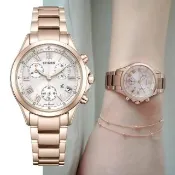【CITIZEN 星辰】XC 三眼光動能計時女錶 -玫瑰金/32.5mm FB1405-58A