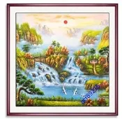 【開運幸運星】招財  風水畫 山水畫 聚寶盆 仿油畫 正方形有框畫 B 辦公室居家裝飾畫 34*34cm A150-10 