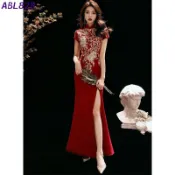 安寶萊旗袍敬酒服新娘新款酒紅色禮服魚尾長款中國風結婚回門宴會晚禮服女平時可穿洋裝a828