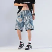 冰絲菊花印花短褲男 印花褲 情侶鬆緊褲 寬鬆短褲 個性滑板褲男 五分褲 休閒短褲（XX830）【壹號站】