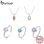 Bamoer 925 純銀戒指極光蛋白石天河石設計珠寶禮物女士