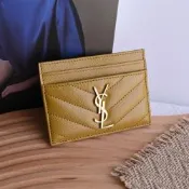 YSL Saint Laurent MONOGRAM V型車線魚子醬牛皮隨身卡片夾(芥末黃)