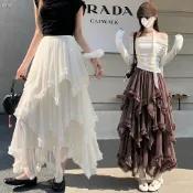 【邂逅】不規則網紗半身裙 韓版蛋糕裙 中長款長裙 紗裙 蓬蓬裙 大裙擺長裙 洋裝長裙 高腰裙 白色紗裙 裙子女