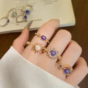 復古日月星蛋白石和紫色鋯石可堆疊戒指,適合女士日常約會派對場合佩戴